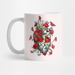 Human heart anatomy with beautiful butterflies and red anemones, floral art of human heart illustration Mug